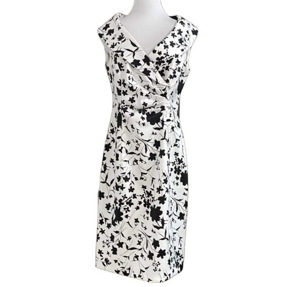 Kay Unger Black and White Sheath Dress with Cowl Neck